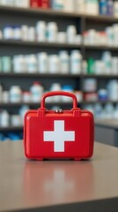 Organized red first aid kit on counter in pharmacy