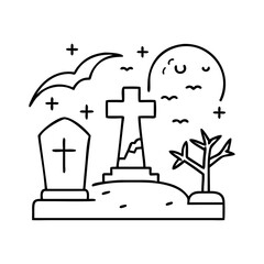 graveyard scene icon, graveyard scene line art - simple line art of graveyard scene, perfect for graveyard scene logos and icons