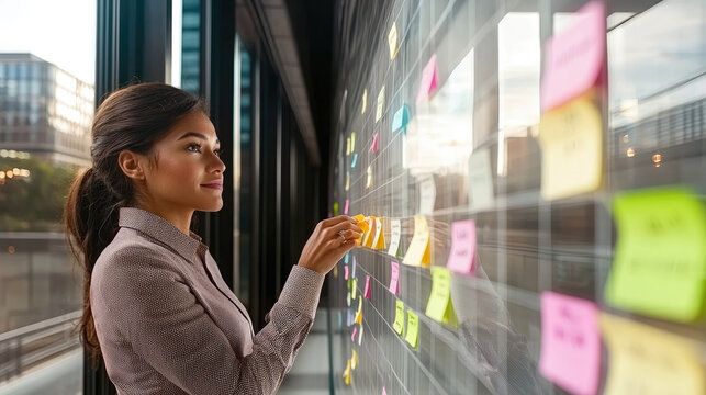 Side view of young elegant woman planning with colorful sticky notes on glass wall in modern office, focused and thoughtful atmosphere