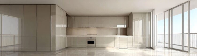 Fototapeta premium Modern minimalist kitchen with clean lines, neutral color palette, and high-gloss finishes - Scandinavian furniture spacious finishes cooking