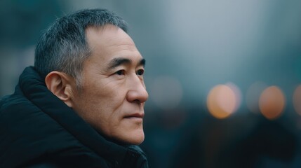 capture minimalistic portrait of person in busy urban chinese setting with blurred background