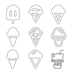 Ice cream vector icons set. Waffle cone illustration sign collection. Ice lolly symbol. Ice cream logo. Frozen juice logo.