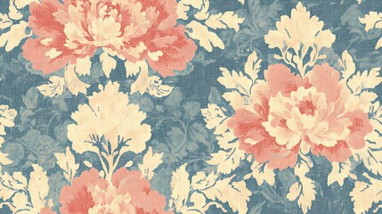 Tile of old-fashioned floral wallpaper with intricate botanical details and retro styling, perfect for classic-themed projects and vintage decor.