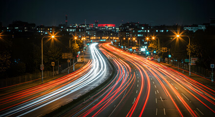 Obraz premium Nighttime Urban Landscape With Highway Light Trails And Cityscape