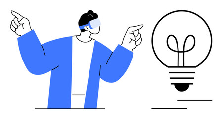 Person wearing virtual reality goggles pointing at a glowing light bulb. Ideal for concepts thumbs up innovation, technology, creativity, virtual learning, brainstorming, futuristic thinking, flat