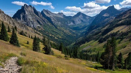 Fototapeta premium Mountains stretch into the horizon beneath a sky with scattered clouds. A hillside covered with grass and coniferous trees leads to the peaks. A rocky path winds through the grass.