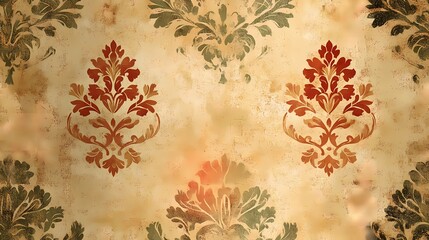 Tile of old-fashioned floral wallpaper with intricate botanical details and retro styling, perfect for classic-themed projects and vintage decor.