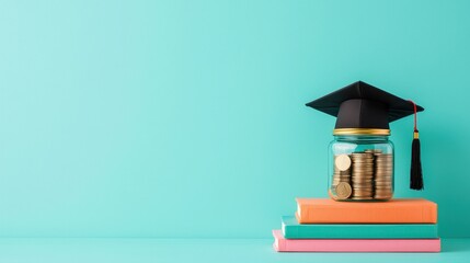 Graduation savings jar with coins and books on vibrant turquoise background for student financial planning