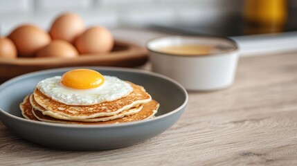 Freshly Made Pancakes with Fried Egg and Coffee on Wooden Table with Eggs in Background
