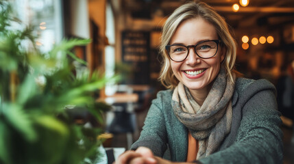 Senior European woman smiling while sitting in a coffee shop  