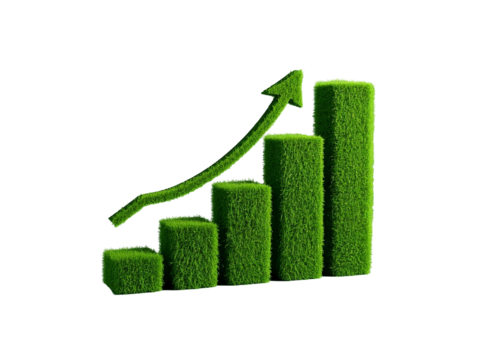 Green growth, grassy bar chart, upward arrow, eco-friendly progress, sustainable development, organic statistics, environmental data , PNG file isolated on transparent background,
