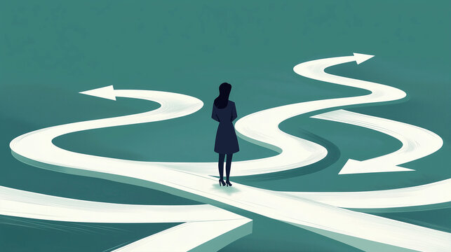 Person Standing Before Confusing Pathways in Abstract Design  