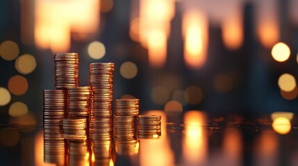 Stack of gold coins growing progressively higher on reflective surface with blurred city skyline background, wealth and investment concept 