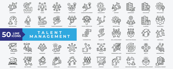 Talent Management icon set with Leadership, development, career development, assessment, recruitment, planning, skill development, mentoring, teamwork, innovation and job training