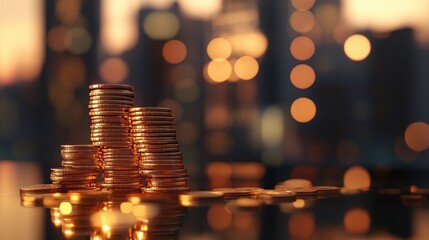 Stack of gold coins growing progressively higher on reflective surface with blurred city skyline background, wealth and investment concept 