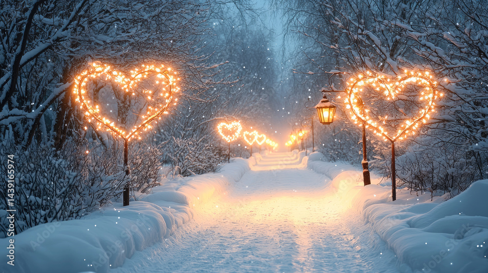 Poster Heart shaped lights illuminate snowy winter path, creating romantic and magical atmosphere with glowing lanterns and snow covered trees in peaceful park setting