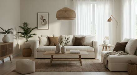 Serene Minimalist Living Room Design Neutral Tones, Natural Light, and Comfortable Furnishings
