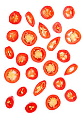 Top view set of fresh red chili pepper or cayenne pepper scattering in slices or pieces isolated and generated with AI in png file format