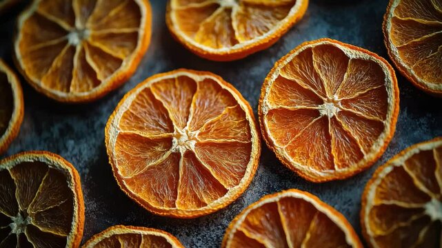 Dried Orange Slices Arranged on a Dark Surface for Visual Appeal