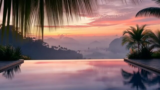 Tropical sunrise reflection over infinity pool with palm trees