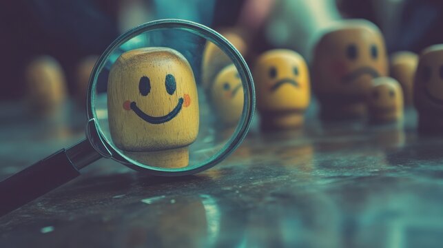 Happy face magnified, sad faces blurred background; customer satisfaction concept