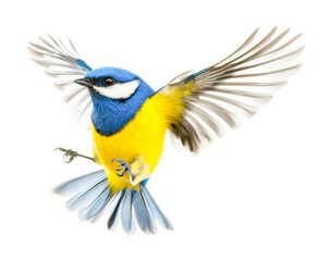 Blue and yellow songbird in mid-flight with outstretched wings, cut out - stock png.