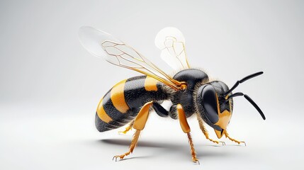 A detailed 3D rende of a honeybee shows intricate details of its body, wings, and legs against a clean white background perfect for educational or illustrative purposes.