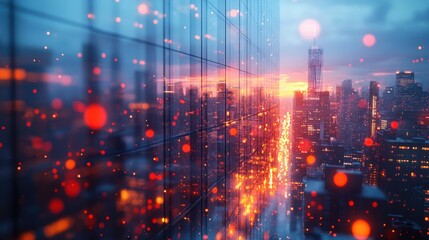 Fototapeta premium Modern skyscrapers in a city skyline at dusk, lights reflecting on glass surfaces, photorealistic