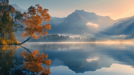 morning fog over calm golden bay