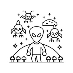 alien invader retro style icon, alien invader retro style line art - simple line art of alien invader retro style, perfect for alien invader retro style logos and icons