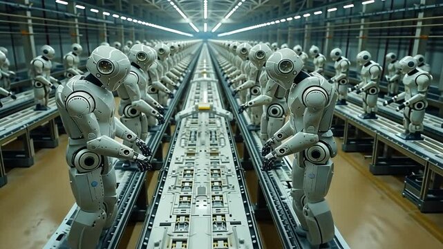 The Rise of Automation, Rows of Humanoid Robots Working in a Factory