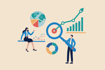 Research and development, analyze data for insight information to improve or optimization, market research to increase growth concept, business people researching with magnifying glass and computer.