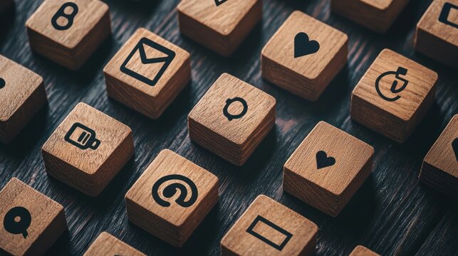 Flat lay of wooden cubes with contact symbols in diagonal alignment.