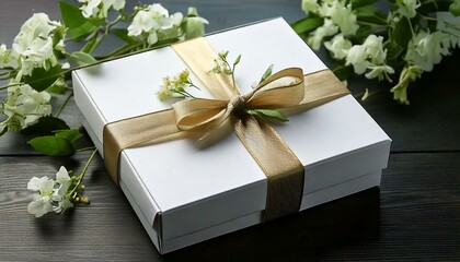 Elegant White Gift Box with Gold Ribbon and Floral Decoration