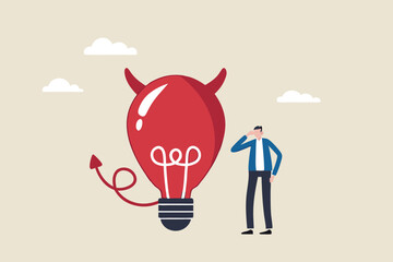 Bad idea cause problem and failure, stupid mistake or poor idea, disappointment from rejected, evil and negative opinion concept, confused businessman looking at devil lightbulb doubting it bad idea.
