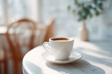 close-up of minimalistic caf&eacute; table with steaming coffee cup surrounded by empty chairs natural lighting cascading