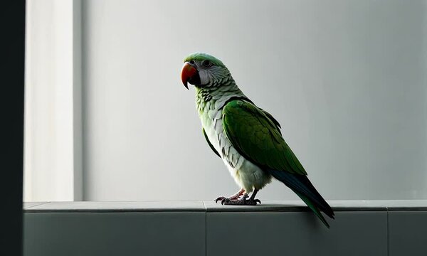 A vibrant green parrot perched on a ledge, illuminated by soft light from a nearby window