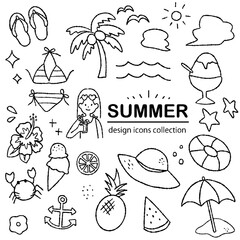 夏の手描きアイコン素材｜海・ビーチ・レジャーのイラストセット