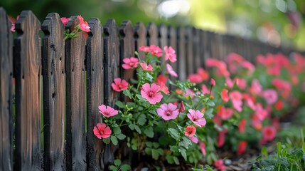 Wooden fence lined with blooming geraniums