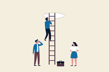 Hopefulness motivation to solve problem, challenge to overcome difficulty or courage to escape for freedom, hope to overcome fear concept, businessman climb up ladder to light shining way out.