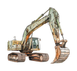 Large industrial excavator with metal tracks and hydraulic arm, cut out - stock png.
