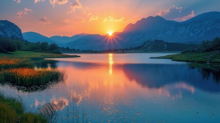 Fototapeta premium sunset over mountain lake, warm reflections