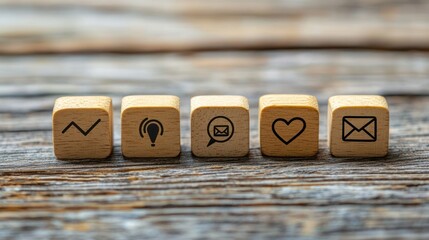 Four wooden blocks with contact icons aligned in a straight line on neutral background.