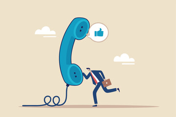 Telephone call expert to generate lead or sales, success telemarketing tell promotion to prospect or client concept, businessman sale representative agent talk in phone call with thumb up feedback.