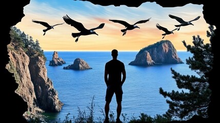 Man contemplates coastal landscape with seabirds