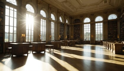 Obraz premium A large library with many bookshelves and a lot of windows