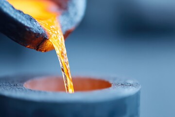 close-up of molten metal pouring from ladle