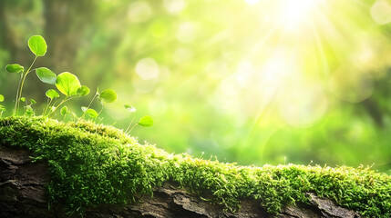 Obraz premium Enchanting close-up of vibrant moss and sprouts on a tree trunk bathed in sunlight