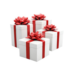 Obraz premium transparent gift boxes with red bows arranged on a clean transparent background for special occasions and celebrations, Red opened gift box with group of transparent gift boxes isolated on transparent