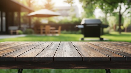 Close-up of wooden deck planks with blurred garden furniture and barbecue grill in background